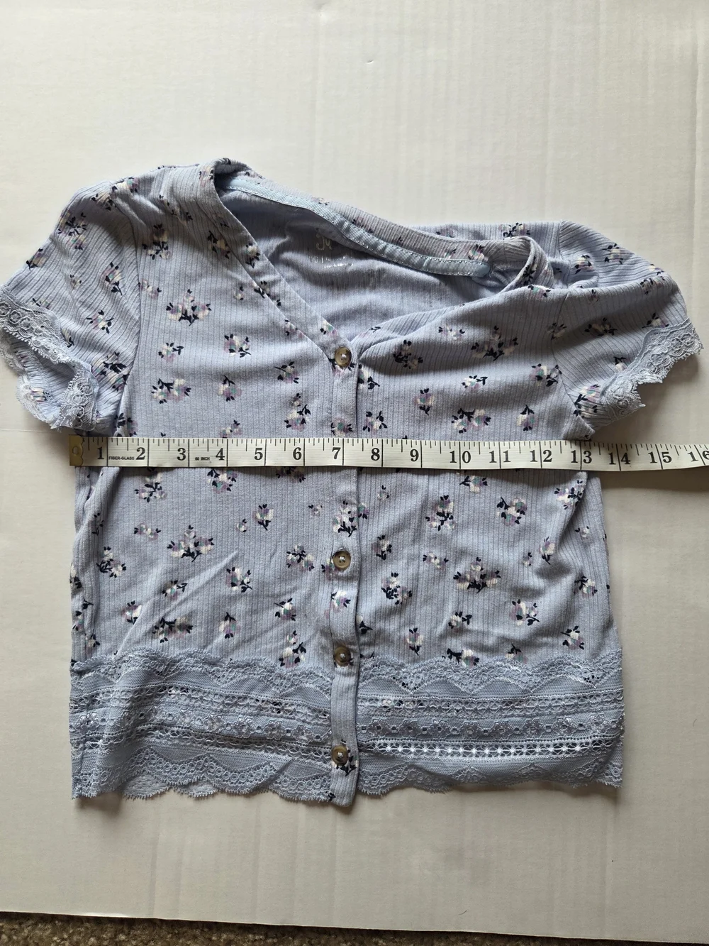 Justice Girls Blue Floral Ribbed Lace Trim Button Front Top Size 10/12